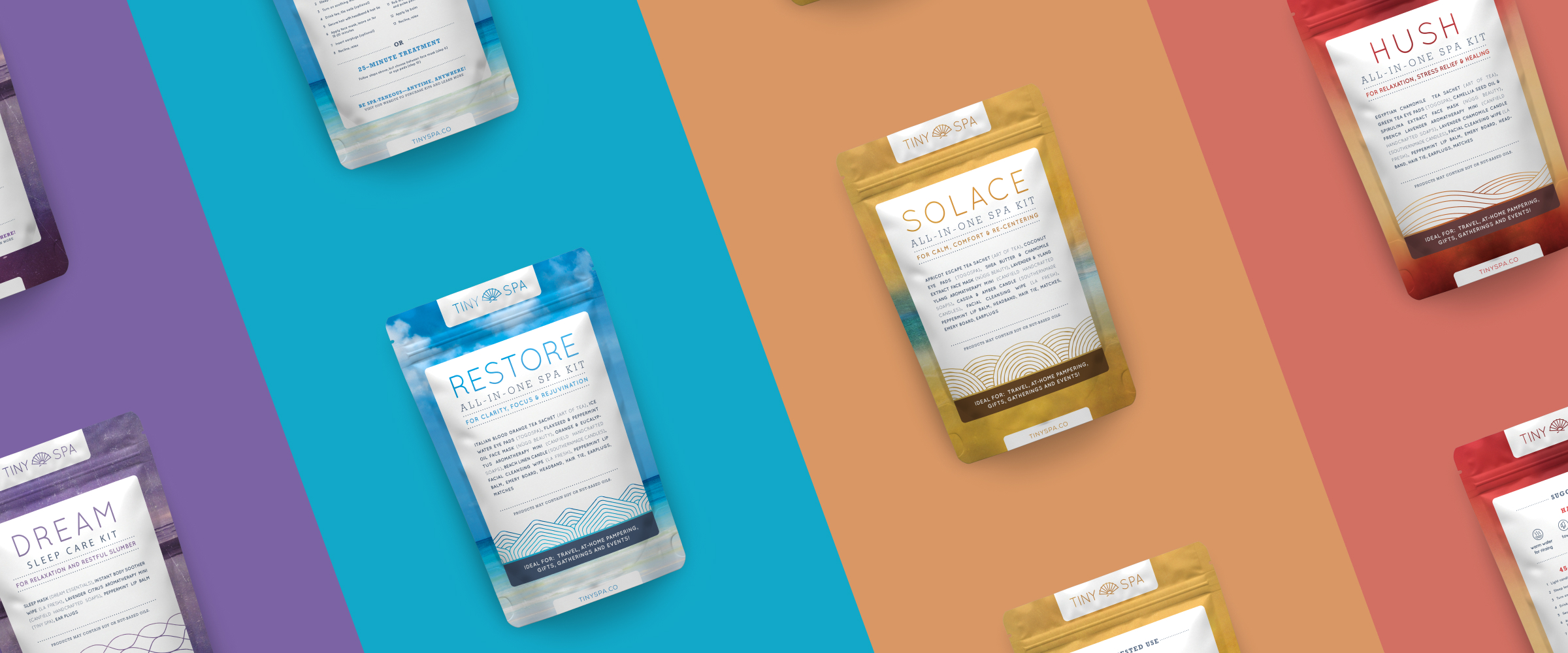 Tiny Spa brand packaging featuring elegant product photography