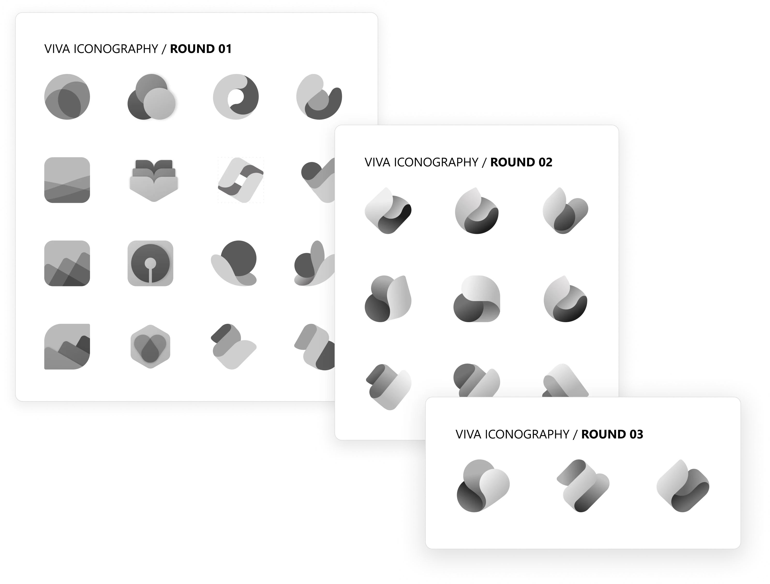 Initial grayscale icon explorations exploring form and shape